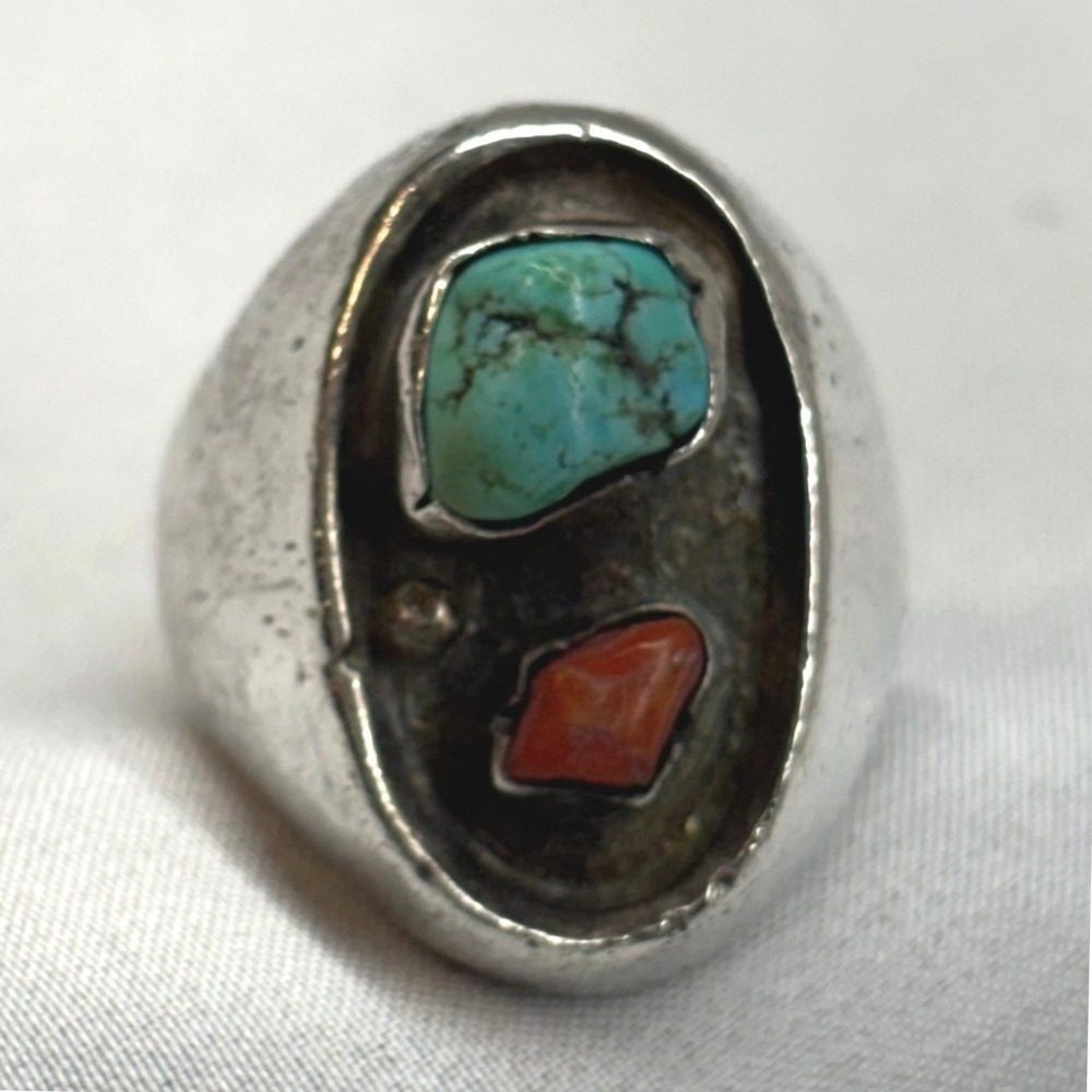 Turquoise Coral Ring Men Size 10.5 Silver Good Heavy Sand Cast Sterling